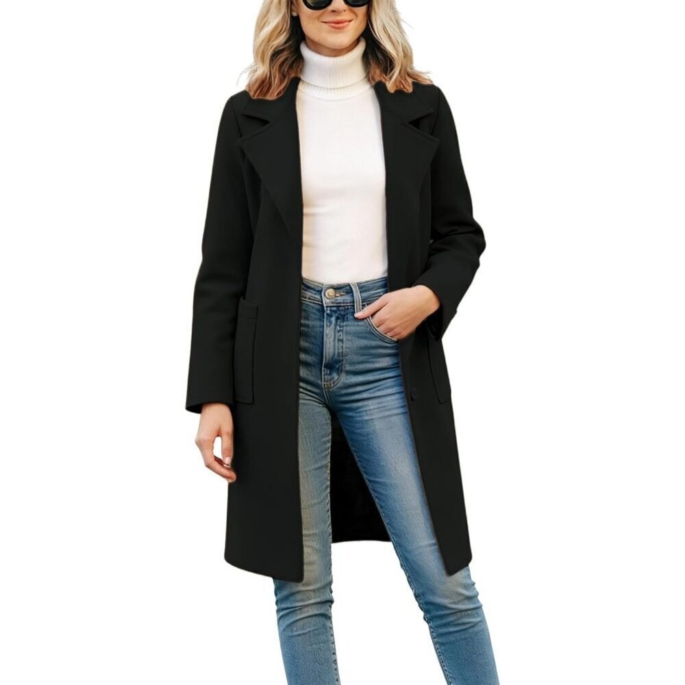 🆕Women's Black Winter Wool Blend Single-Breasted Notch Lapel Mid-Length Coat